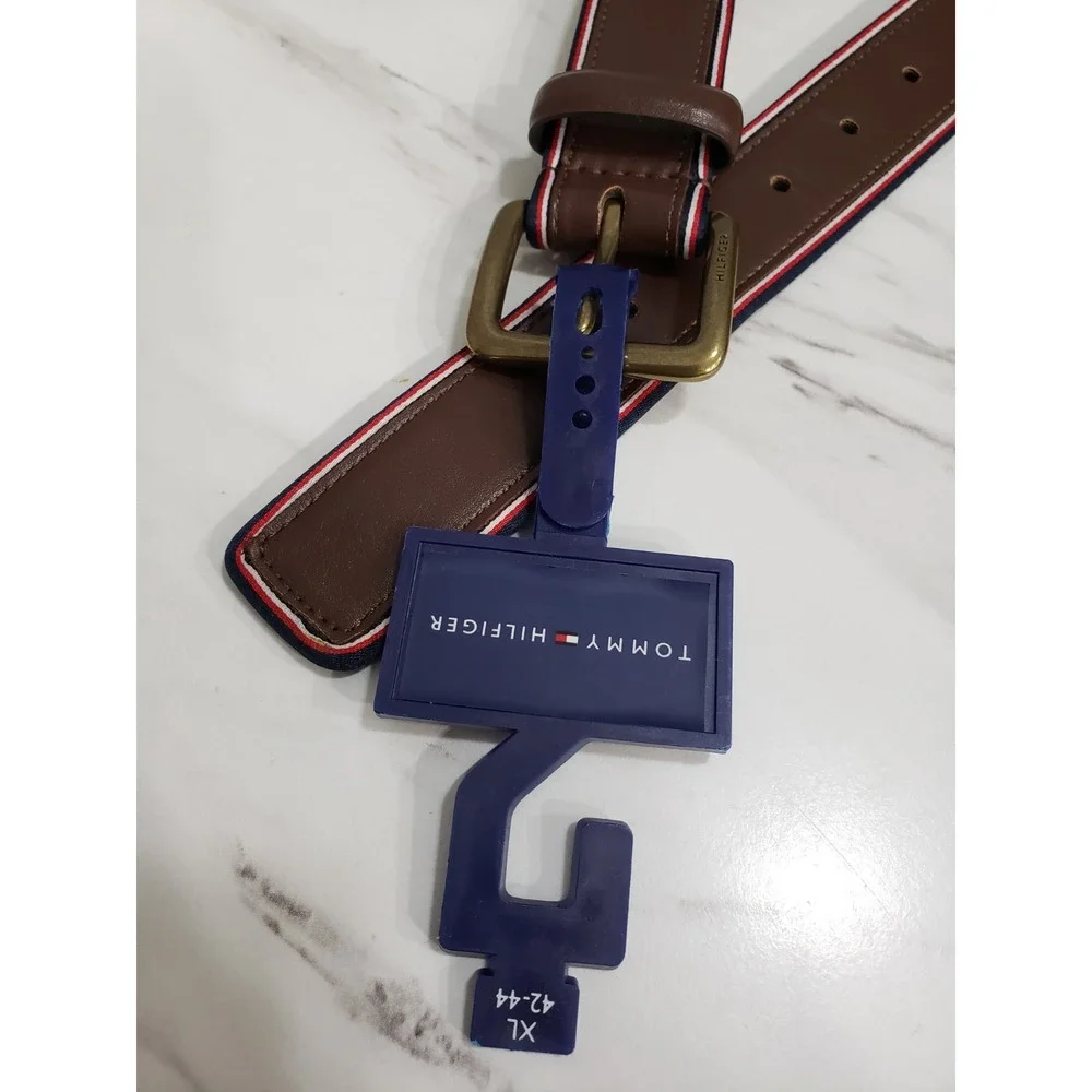 NEW XL -‎ 42/ 44 Tommy Hilfiger Faux Leather Belt WITH FLAG LOGO BORDER